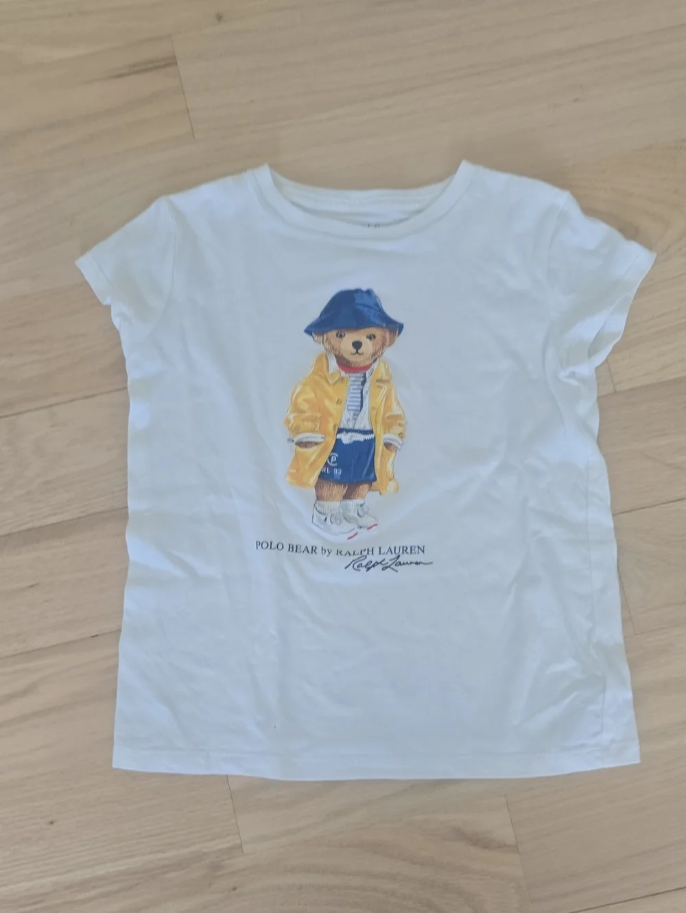 Ralph Lauren White Tee with Polo Bear in Yellow Raincoat and Blue Hat